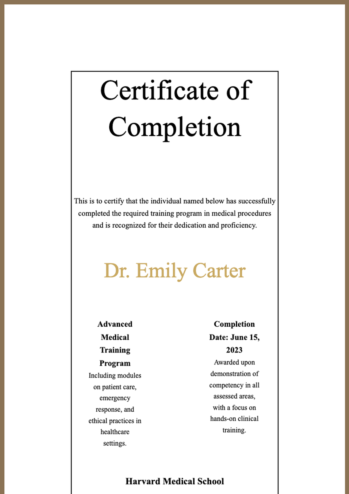 Formal certificate of completion for Emergency Medical Technician course with gold border and emblem_variant_3
